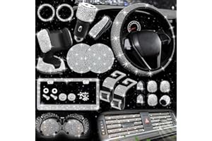 NBTEPEM 27 PCs Bling Car Accessories Set for Women, Steering Wheel Covers Universal Fit 15 Inch, License Plate Frame, Phone Holder, Bling Car Coasters (Silver Diamond)
