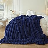 MEGO Fluffy Faux Rabbit Fur Throw, Luxury Wide Stripe Plush Fuzzy Blanket Bed Couch Sofa Chair, Decorative Shaggy Throw Bedroom Living Room, Furry Blanket for Kids Girls Teens Adult, 50x60, Navy Blue