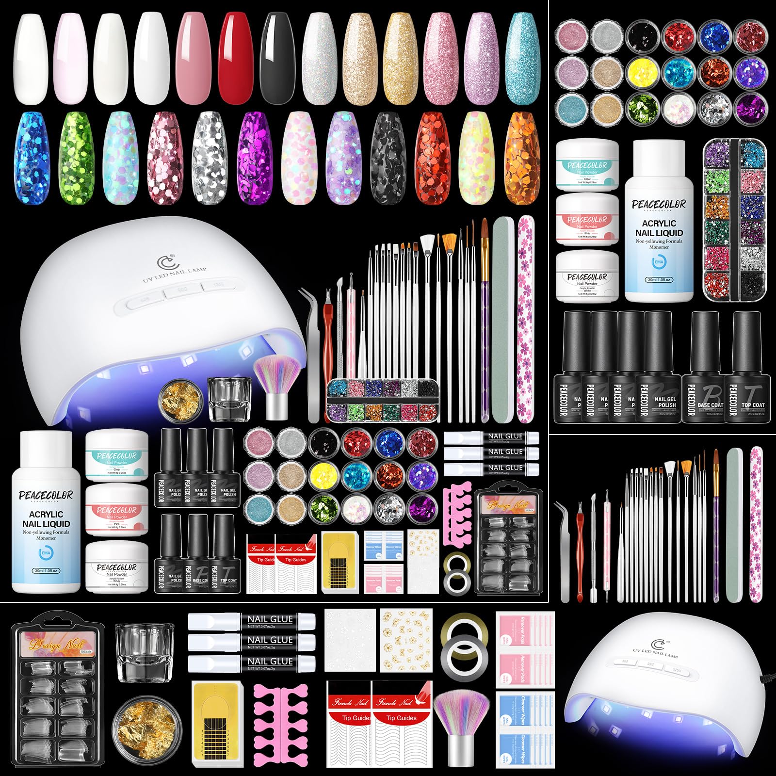 PEACECOLOR 69PCS Acrylic Nail Kit with UV Lamp Full Set for Beginner, Nail Kit Acrylic Set 3 Colours Powder and Liquid Glitter Powders 4PCS Gel Nail Polish for Starter