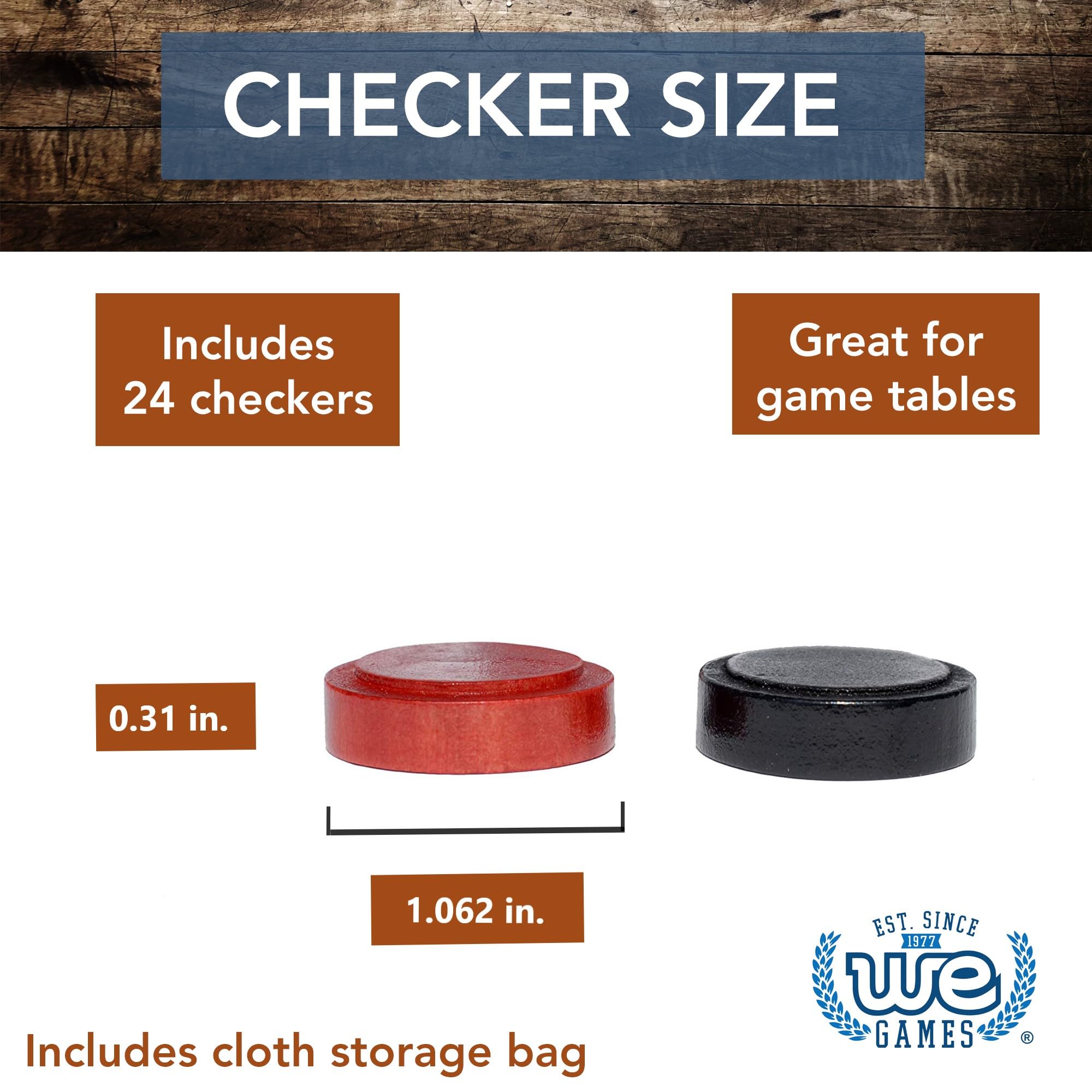 WE Games Wooden Checkers Pieces with Drawstring Storage Bag - 24 Checker Pieces Only - Red & Black, 1.062-inch Diameter