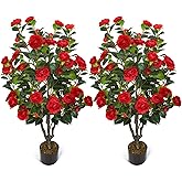 2 Pack Artificial Camellia Tree 42" Faux Floral Trees with 36 Red Blooming Flowers Tall Camellia Plant in Cement Pot with Dried Moss for Porch Front Door Office Shop Home Room