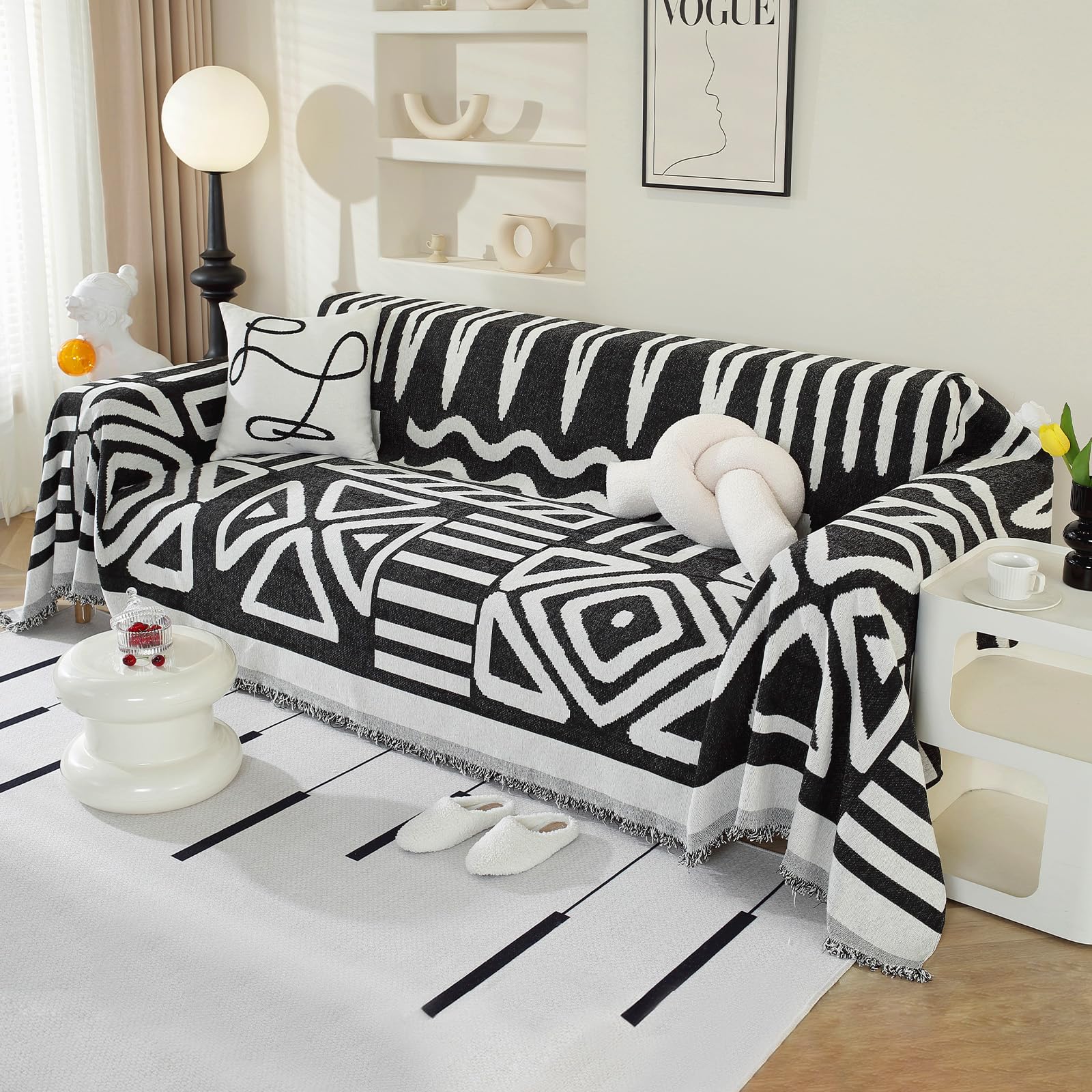 Royhom Boho Sofa Cover 2 Seater, Corner Sofa Covers L Shape, Washable Couch Cover with Tassel, Soft Couch Covers for Dogs, Breathable, All-season Universal (Black, 180x260cm)