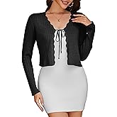 CARDYDONY Women's Cropped Cardigan Tie Front Long Sleeve Rib Knit Bolero Shrug Sweaters S-XL