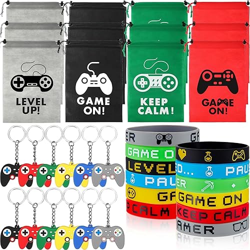36 Pcs Video Game Party Favor Bags Filler Gaming Party Favors Set with Drawstring Bag Silicone Bracelets Wristbands Game Controller Keychains for Christmas Favor Birthday Gift(Cute Style)