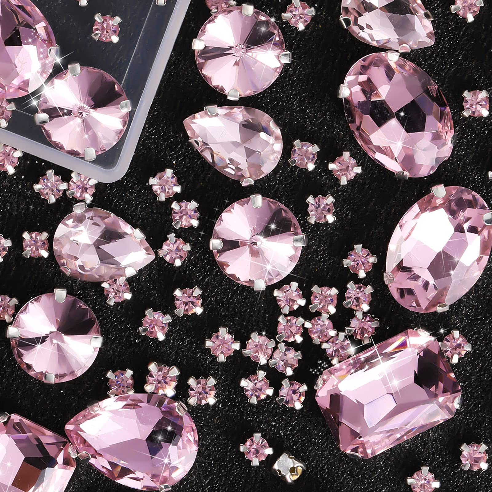 WILLBOND 156 Pcs Sew on Rhinestones Claw Flatback Crystal Rhinestones Metal Prong Setting Gems Acrylic Glass Sewing Gems for Clothes DIY Craft Shoes Dress Jewelry Making(Light Pink)
