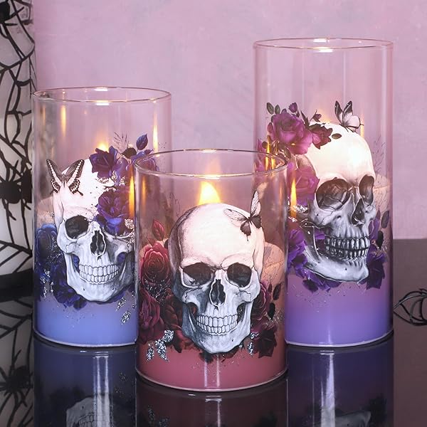 CAFEMOON HALLOWEEN DECOR FLAMELESS CANDLES BATTERY OPERATED LED PILLAR CANDLES WITH REMOTE TIMER, SET OF 3 SKULL ROSE BUTTERFLY DECALS SPOOKY THEMED CANDLES FOR INDOOR HALLOWEEN DECORATIONS