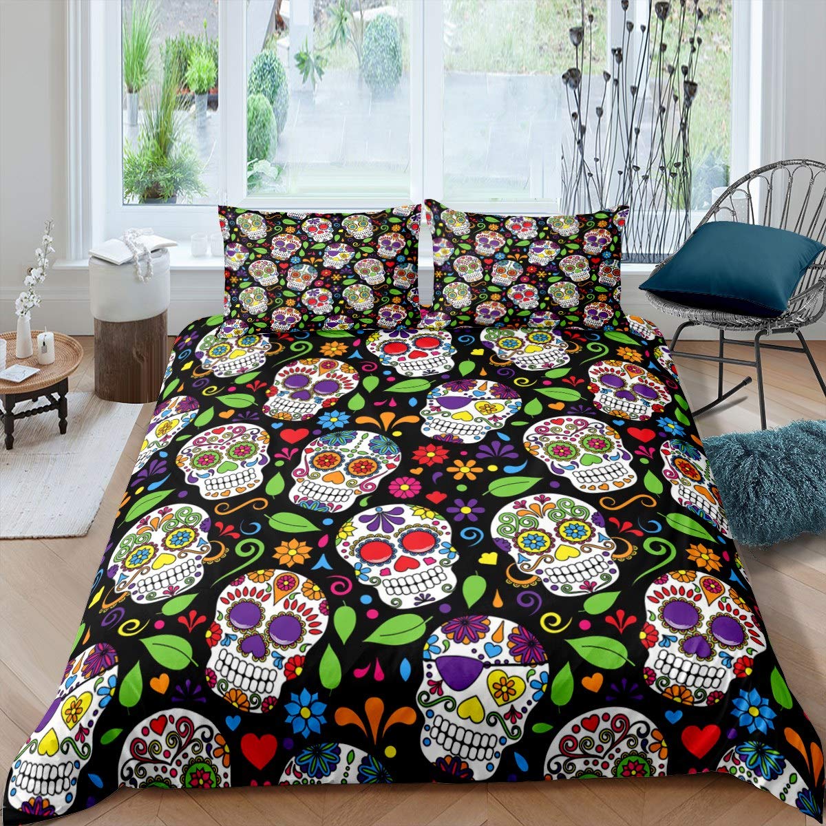 Sugar Skull Comforter Cover Colorful Skull Pattern Bedding Set Bright Floral Flowers Pattern Duvet Cover for Kids Women Men Microfiber Skeleton Design Bedspread Room Decor Bedclothes Single Size