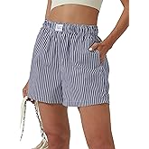 XinYangNi Women's Casual Striped Print Shorts Elastic High Waisted Straight Leg Bermuda Shorts with 2 Pockets