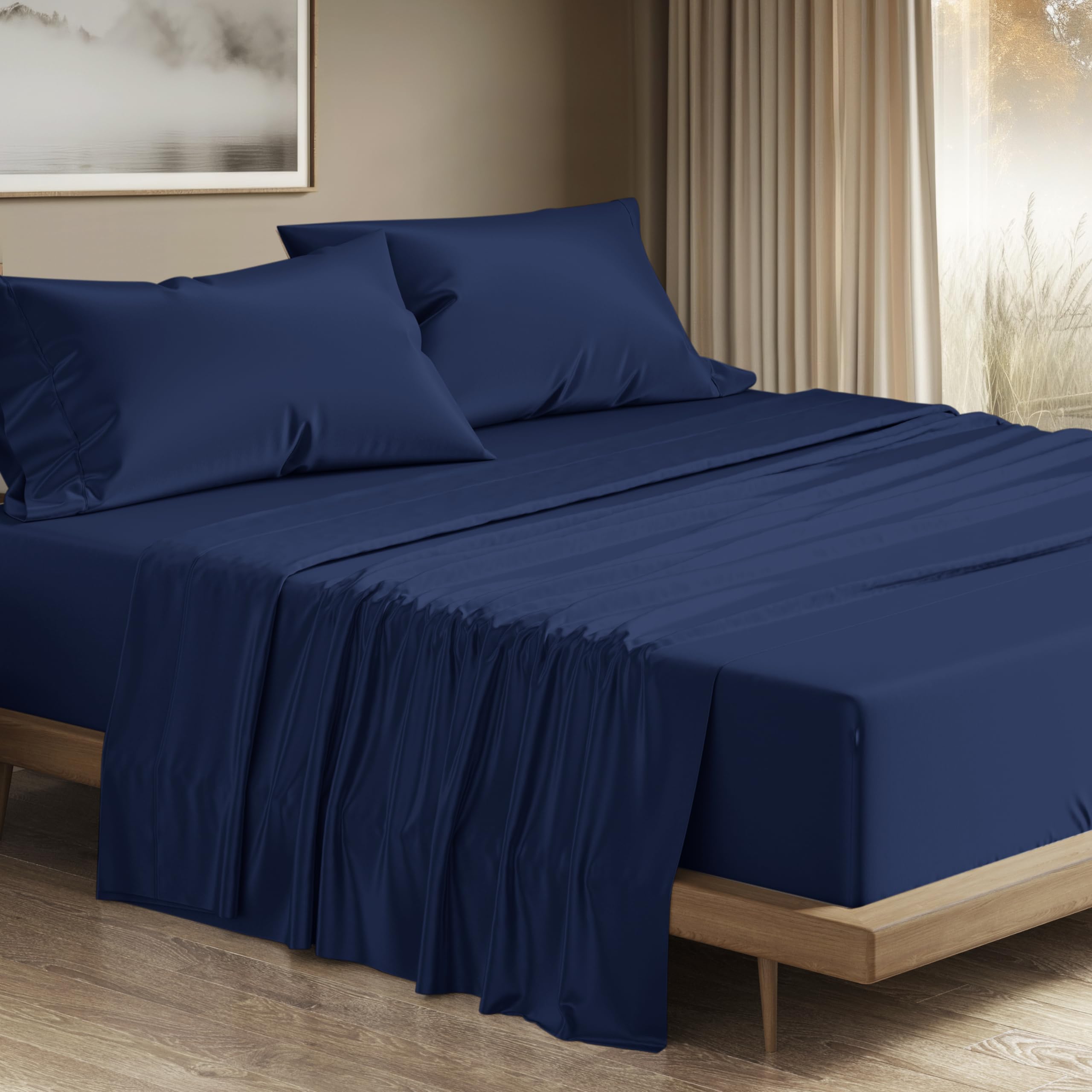 Photo 1 of THREAD SPREAD 100% Egyptian Cotton Sheets California King Size - 1200 Thread Count 4 PC Cal King Sheets Egyptian Cotton, Cooling Sateen Sheets, High Thread Count Sheets California King - Navy Blue