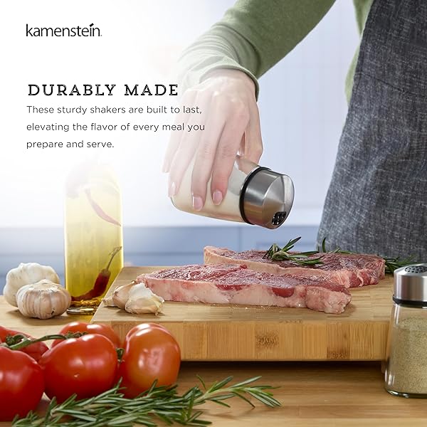 KAMENSTEIN SALT AND PEPPER FILLED GLASS SHAKERS WITH ROTATING SHIFTERS. FEATURES SWIVEL TOP WITH 4 SETTINGS- LIGHT SEASONING, HEAVY SEASONING, POUR, CLOSE, SET OF 2