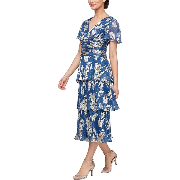 DKNY Women's Short Flutter Sleeve Tie Midi Dress, Blue DKNY Women's Short Flutter Sleeve Tie Midi Dress, Blue