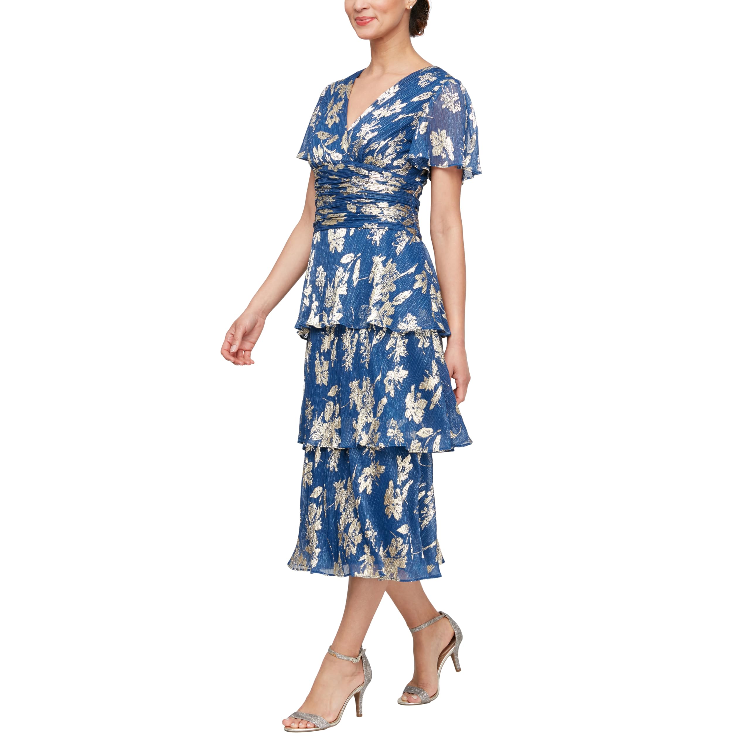 S.L. Fashions Women’s Short Sleeve V-Neck Midi Cocktail Dress W/Ruched Waist, Wedding Guest Gown (Petite and Regular Sizes), Royal Gold, 12