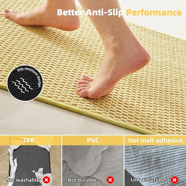 TYUU LARGE BATHROOM RUGS NON SLIP WASHABLE BATH RUGS SUPER ABSORBENT BATHROOM RUG THIN QUICK DRY LOW PILE BATH MATS, YELLOW 36″X48″