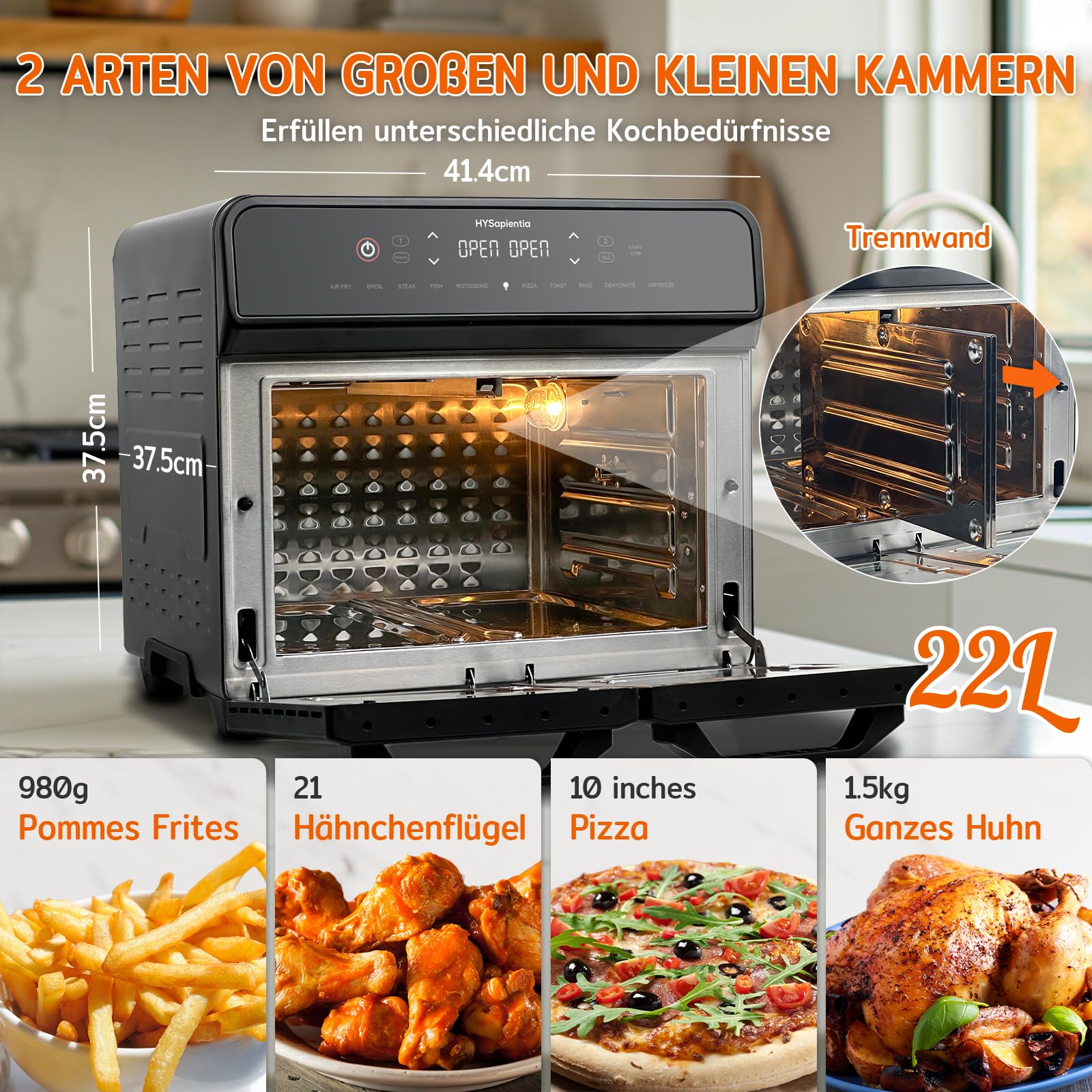 HYSapientia 22L heißluftfritteuse 2 kammern XXL Minibackofen mit Umluft,LED-Touchscreen,10 Programmen, Heissluftfritteuse Dual Zone airfryer Oven,Zwei Kochmodi mit Teilerplatte,Edelstahl,Rotisserie 6