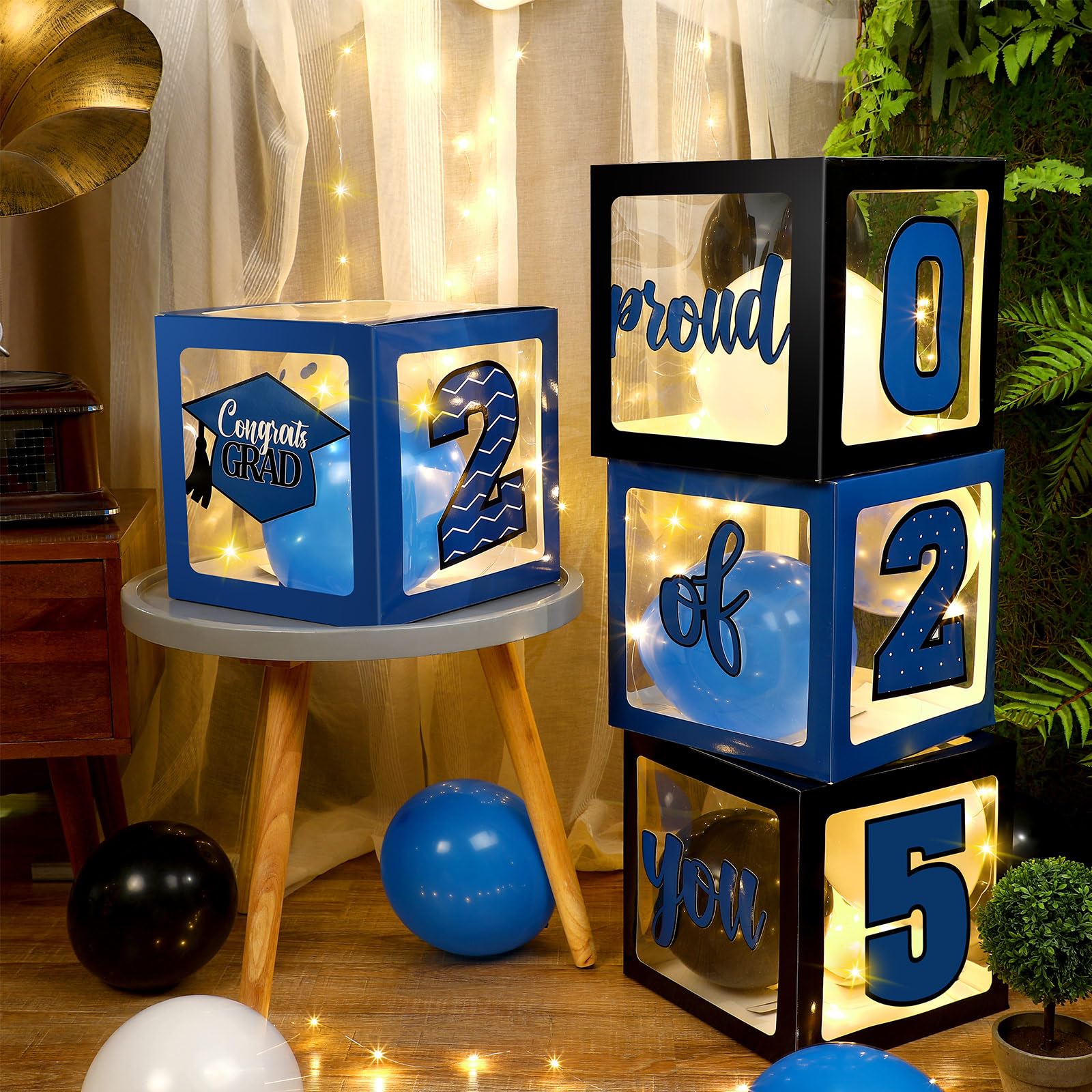 Photo 1 of Jerify Graduation Decorations with Balloon and LED Light Strings Congrats 2025 Grad Party Supplies Proud of You Balloon Boxes for Class of 2025 School College Party Decor (Blue, 49 Pieces)