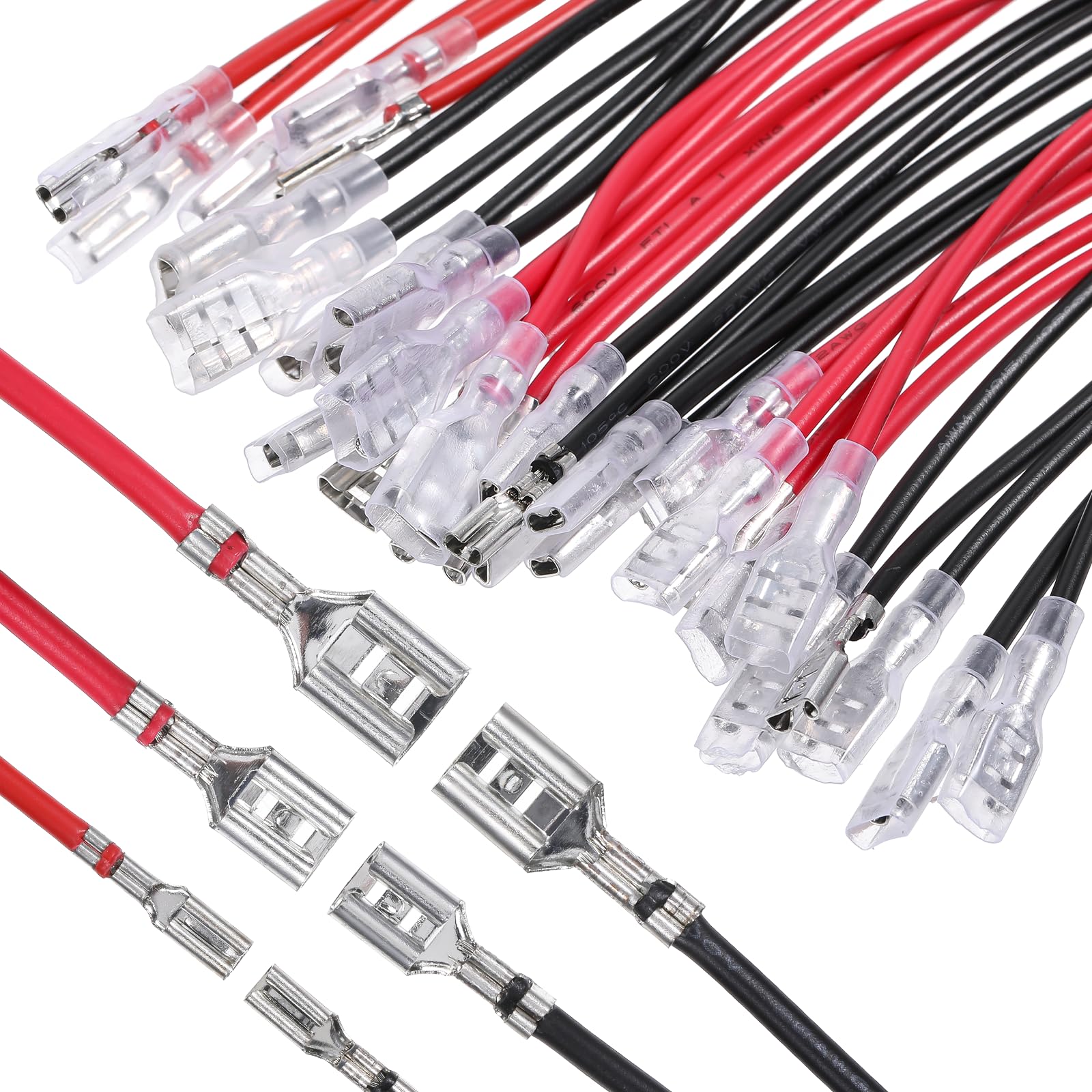 Photo 1 of 30Pcs 2.8mm 4.8mm and 6.3mm Female Spade Crimp Terminal with Insulating Sleeve and Wire, Red+Black Quick Splice Connector Kit for Speaker Wire, Crimp Terminal Assortment with 20cm Wires