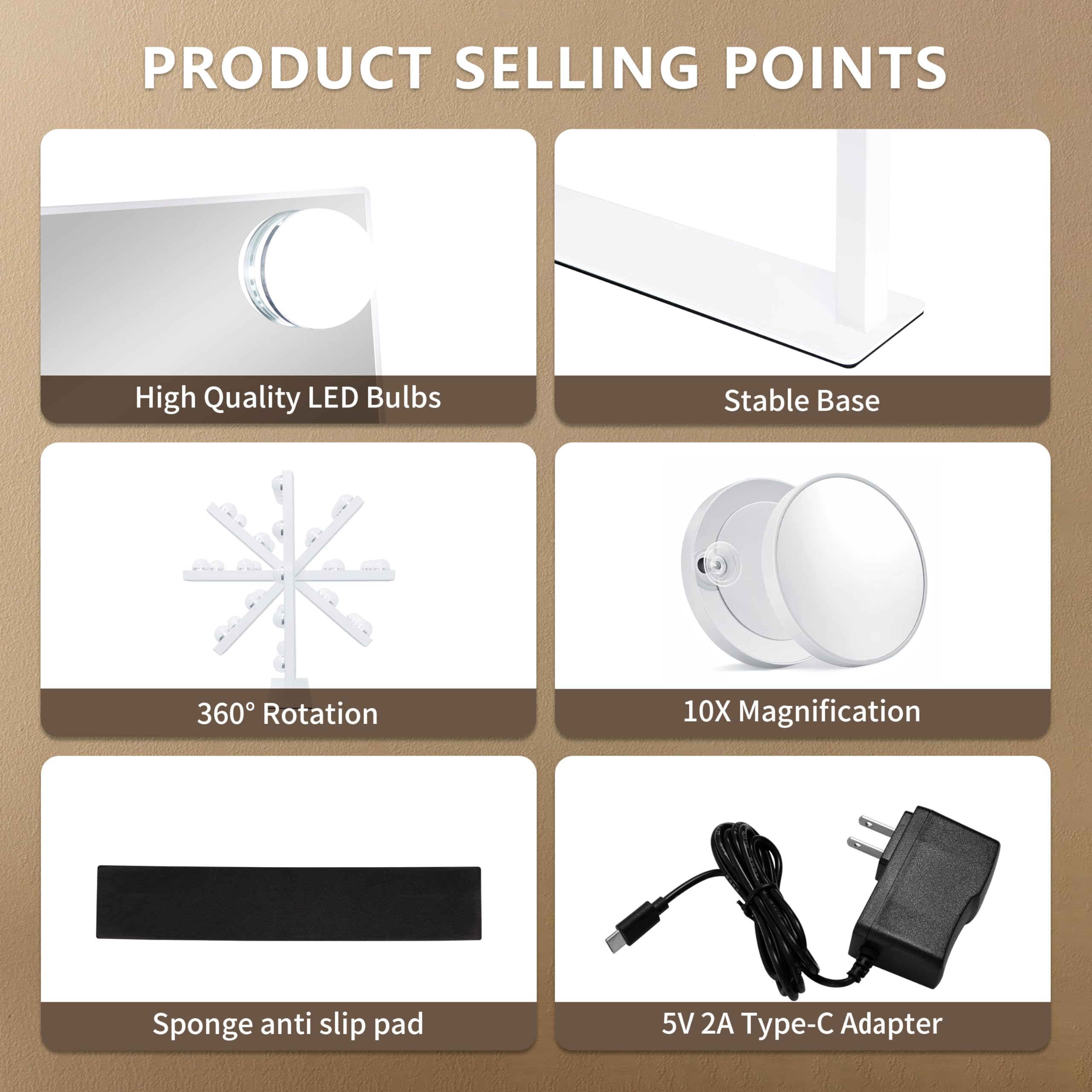 NUSVAN Vanity Makeup Mirror with Lights,3 Color Lighting Modes Detachable 10X Magnification Mirror Touch Control,360°Rotation, White (14.6Inch)