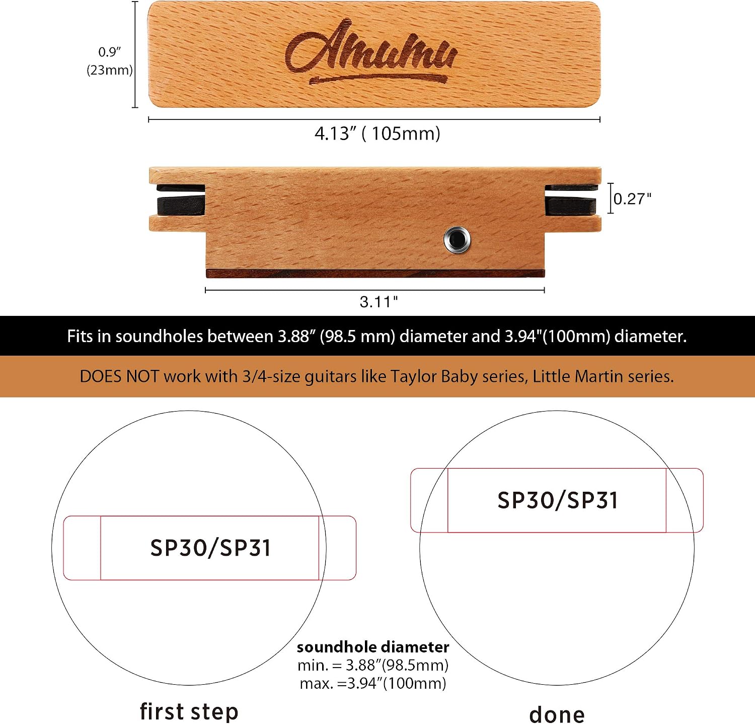AMUMU SP30 Woody Magnetic Soundhole Pickup for Steel String Acoustic Guitars Single Coil Rare Earth Neodymium Magnet - Image 3