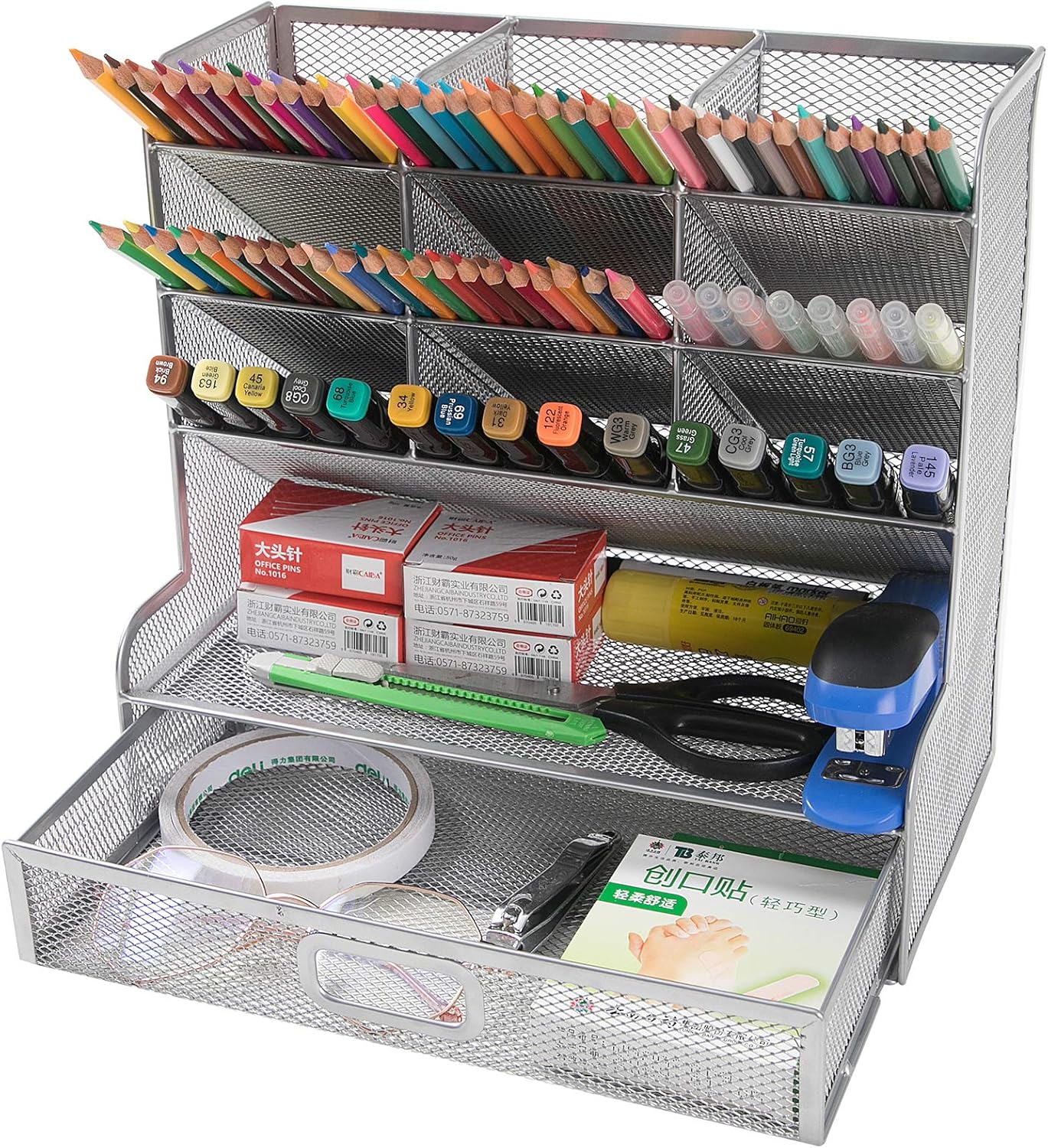 Cmonie Multi-Functional Mesh Desk Organizer Pen Holder, Pen Organizer for Desk, 10 Compartments Desktop Stationary Organizer, Storage Rack for School Home Office Art Supplies (Sliver) : Office Products