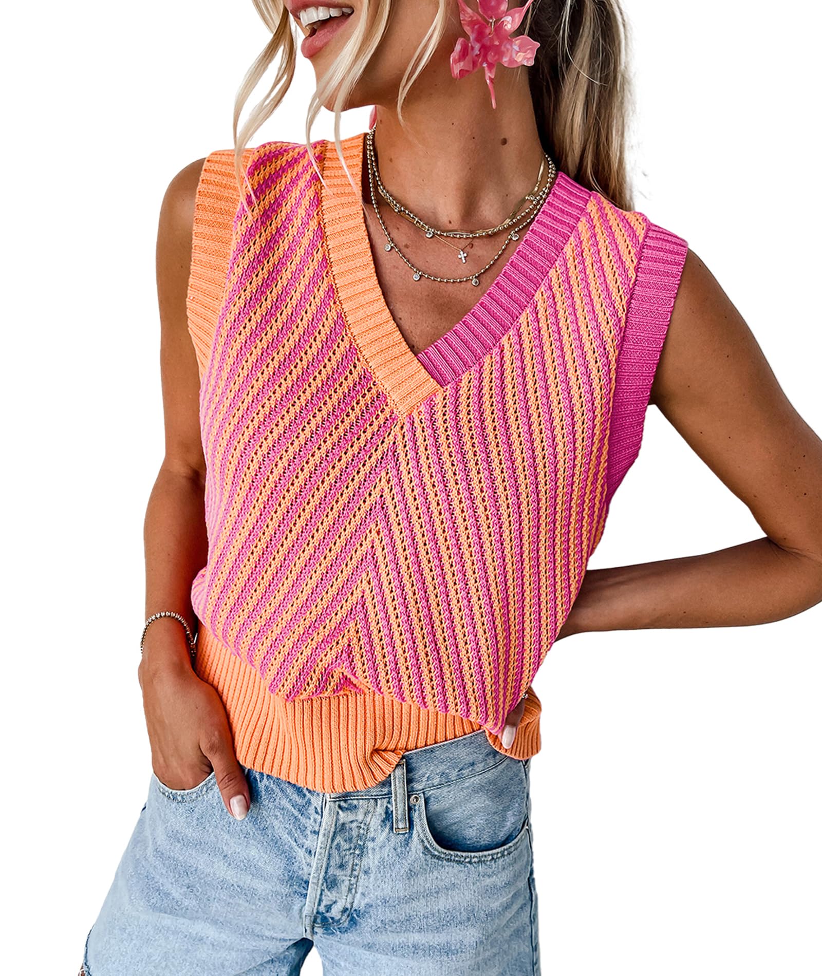 Photo 1 of MARZXIN Women Sleeveless Sweater V Neck Casual 2025 Fall Knitted Chevron V Neck Sweater Vest Color Block Pullover Sweater Top Strawberry Pink M