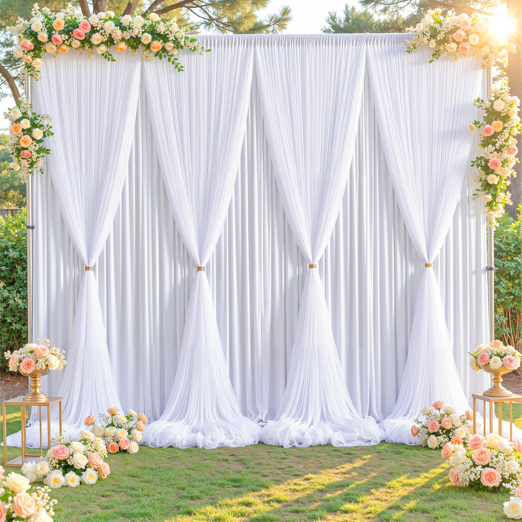 Photo 1 of 10x10ft White Tulle Backdrop Curtains - Two Layer Drapes with Tulle & Lining Fabric for Wedding, Birthday Party, Baby Showers, Family Gatherings, Photography Decor - 2 Panels (5ft x 10ft Each)