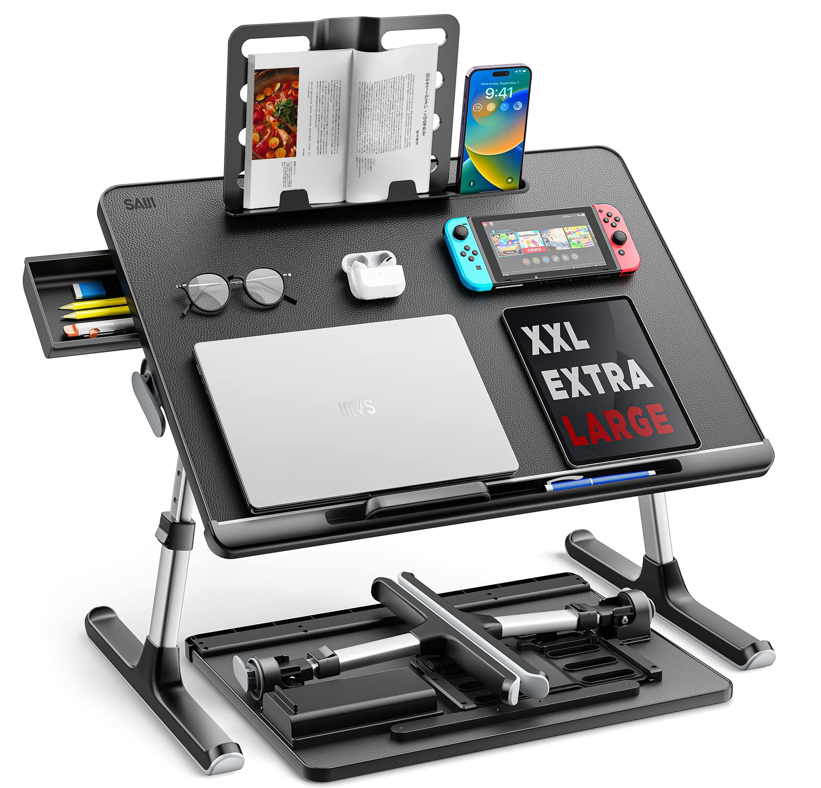 SAIJI 折りたたみ ミニテーブル「安定性強化版」机 ローテーブル ベッドテーブル ノートPCパソコン ちゃぶ台 大容量天板 角度 高さ調整 引き出し ブックスタンド付き 表面PVC加工 40kg荷重 軽量 勉強 食事 一人暮らし K7 (ブラック,60*45cm)商品画像