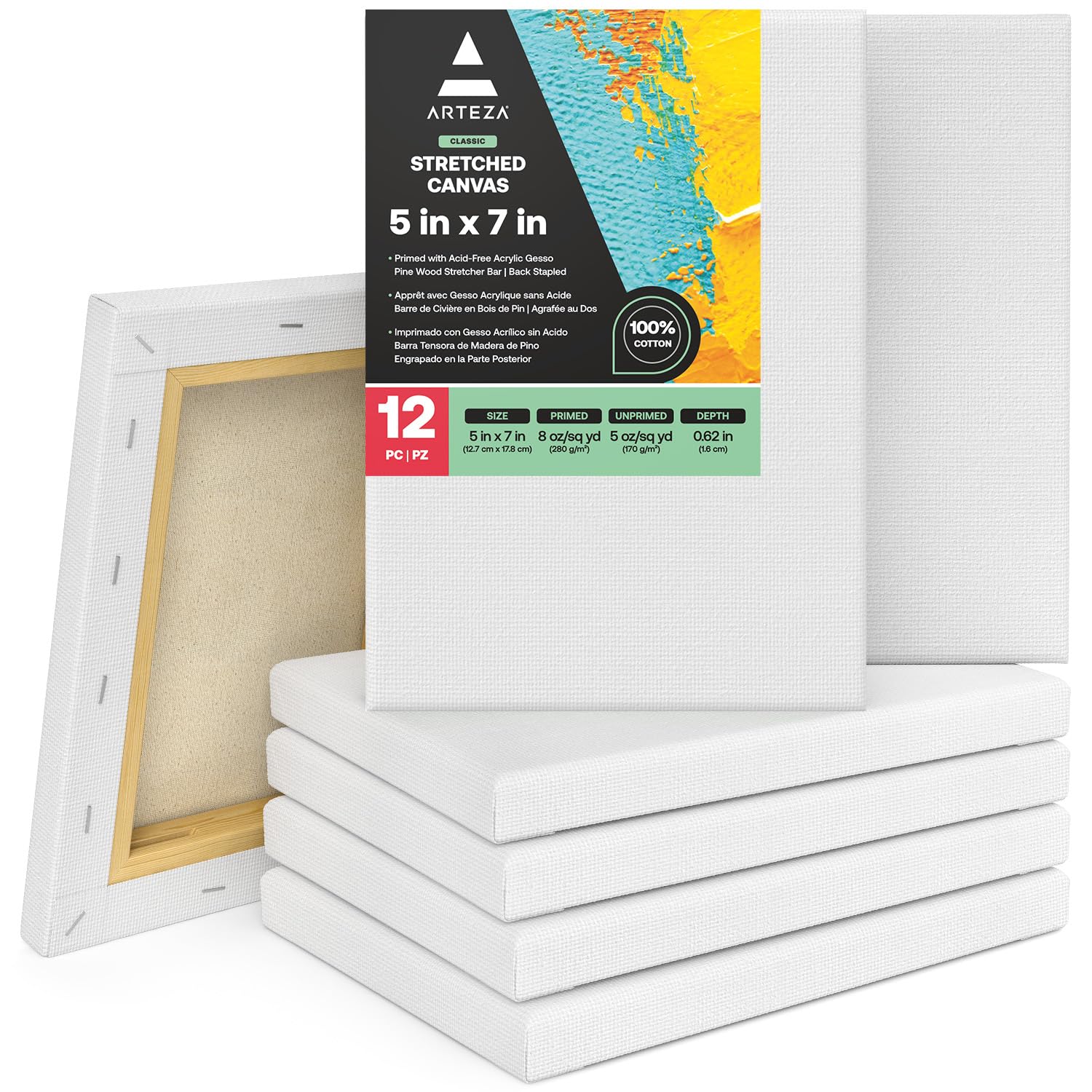 Arteza Stretched Canvas, Pack of 12, 5 x 7 Inches, Blank White Canvases, 100% Cotton, 8 oz Gesso-Primed, Art Supplies for Acrylic Pouring and Oil Painting