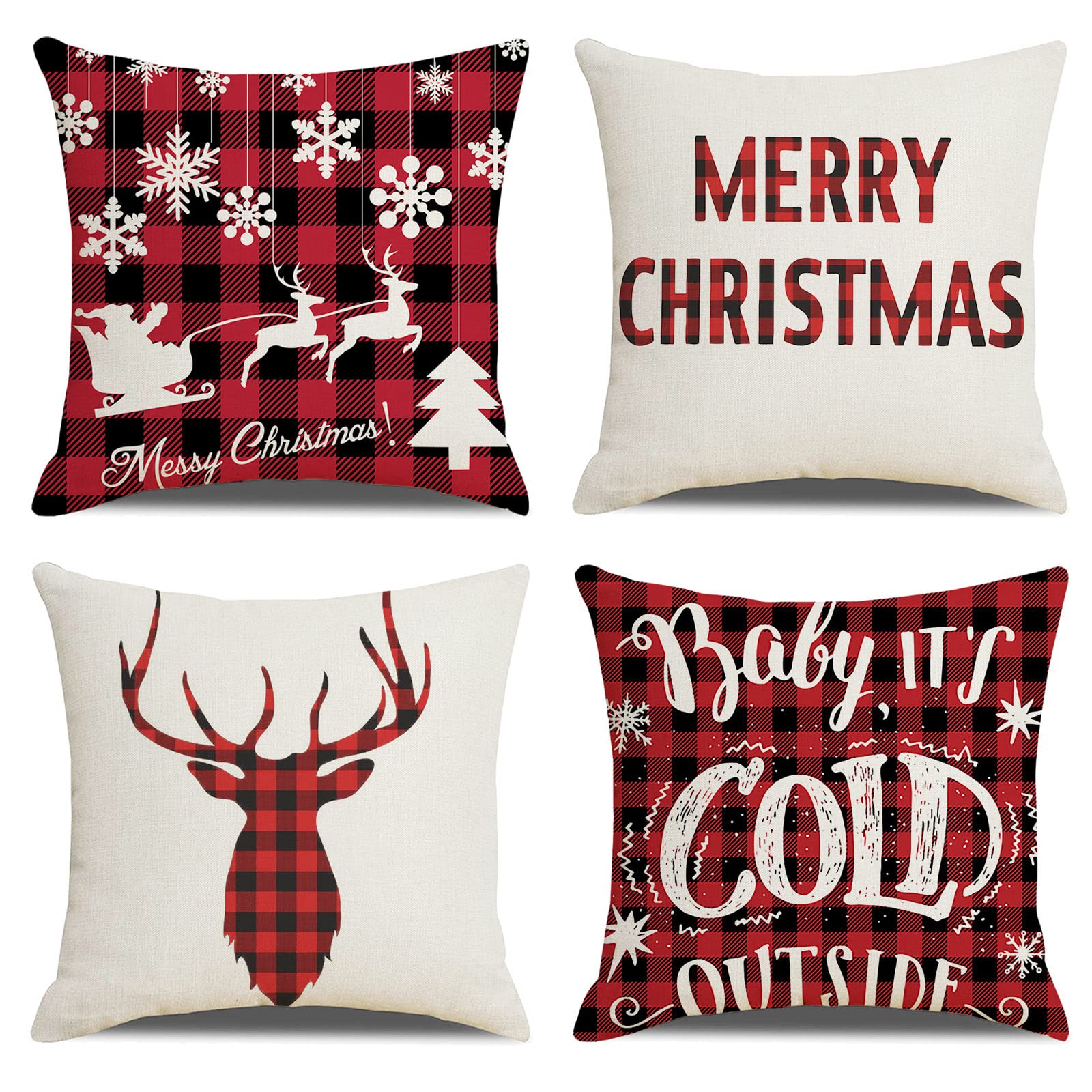 OCEUMACO Linen Cushion Covers 45 x 45 cm Sofa Living Room Decorations Set of 4 Merry Christmas Checked Throw Pillow Cases 18x18 Decorative Xmas Tartan Deer Pillowcases Cushions Cover - Red