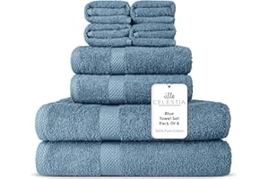 VILLA CELESTIA 100% Combed Cotton Bathroom Towel Set of 8- 2 Bath Towels, 2 Hand Towels, 4 Wash Cloths, Sustainable, Soft, Highly Absorbent 8 Piece Cotton Bath Towel Set Ideal for Hotels, Spa, Bathroom, Dorm, Blue