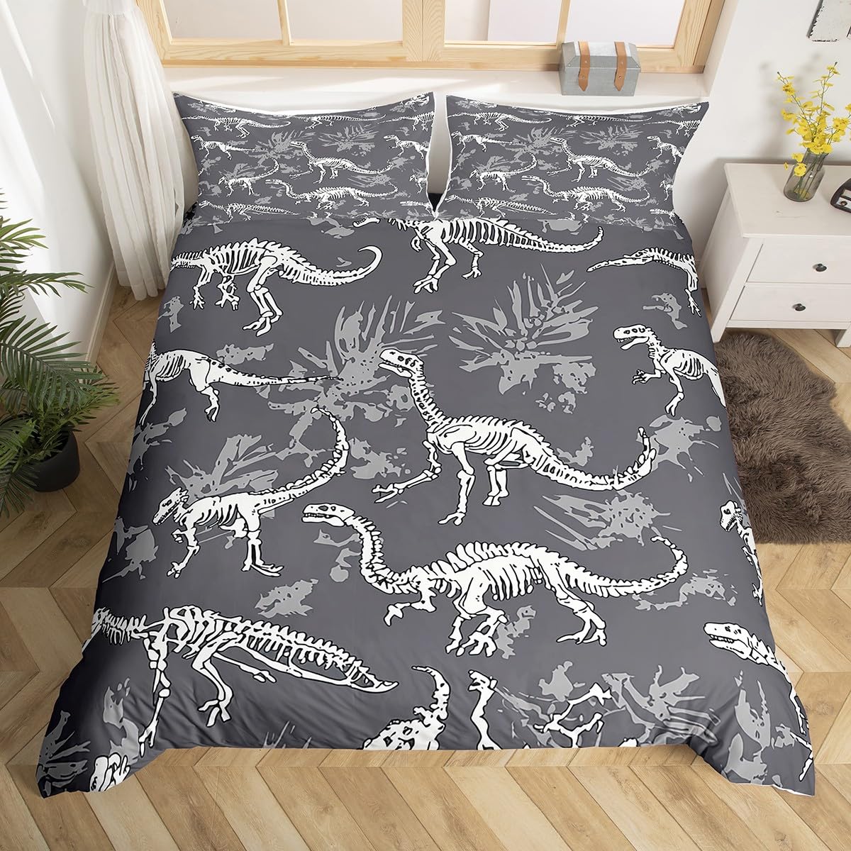 Homewish Dinosaur Duvet Cover Set Dinos Fossil Skull Bed Sets For Kids Teen Boys Young Man Bedding Set Child Room Decor Ancient Animals Skeleton Bones Quilt Cover 3Pcs Double Size Grey — image 1