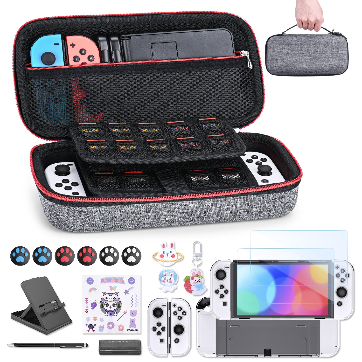 Photo 1 of innoAura Switch OLED Accessories Bundle 19 in 1 Switch Bundle with Switch Case, Switch Game Case, Switch OLED Screen Protector, Switch Stand, Switch Thumb Grips (Gray)