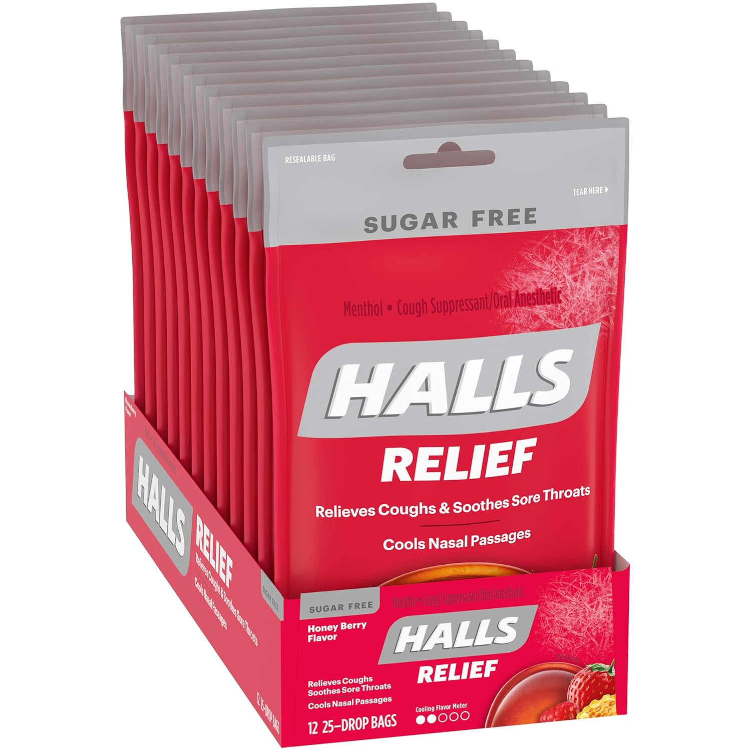 HALLS Relief Sugar Free Honey Berry Flavor Cough Drops, 12 Bags (300 Total Drops) : Hard Candy : Grocery & Gourmet Food