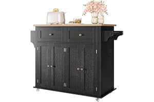 GarveeHome Kitchen Island Cart with Solid Wood Top, Portable Rolling Islands Table on Wheels with Drawer and Storage Cabinet, Spice Rack, Towel Rack, Black