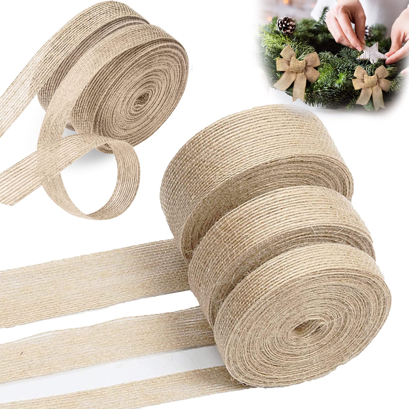 Pack of 5 Hessian Fabric Ribbon, Natural Ribbon, Hessian Ribbon, 10 m Jute Ribbon, Craft Wedding Home Decor Jute Ribbon, Hessian Ribbon, Decorative Ribbon for Gift Wrapping Crafts (5 Different Widths)