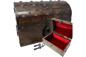 Nautical Cove Wooden Treasure Chest with Padded Velvet Lining and Antique Lock with Skeleton Keys (Large 13x8x8.75) – Luxury Wood Pirate Chest, Decorative Box with Lid, Wooden Lock Box, Pirate