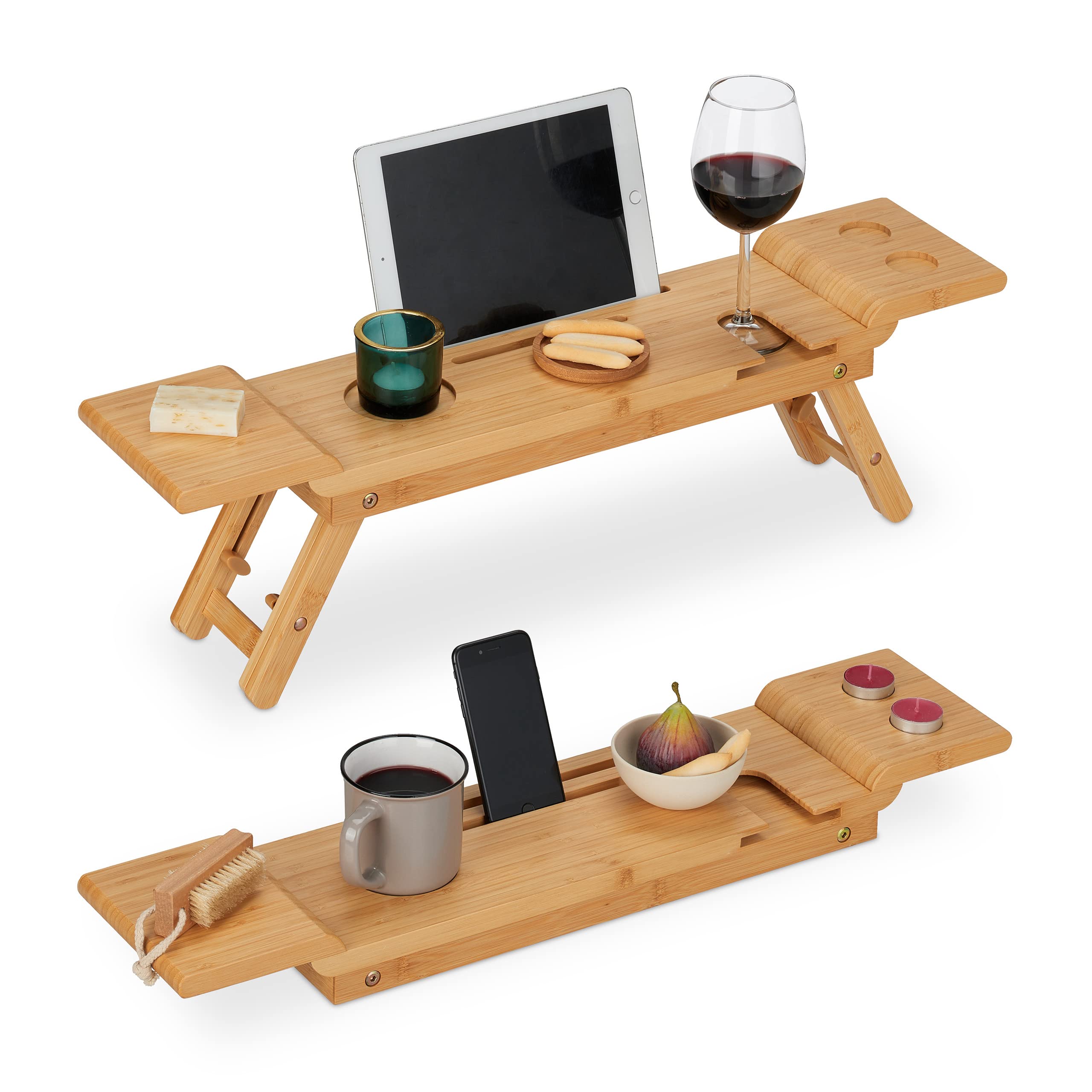 Relaxdays Bathtub Tray, Bamboo, 70 cm Wide, Caddy, Holder for Wine Glass, Phone & Tablet, Over Bath Rack, Board, Natural