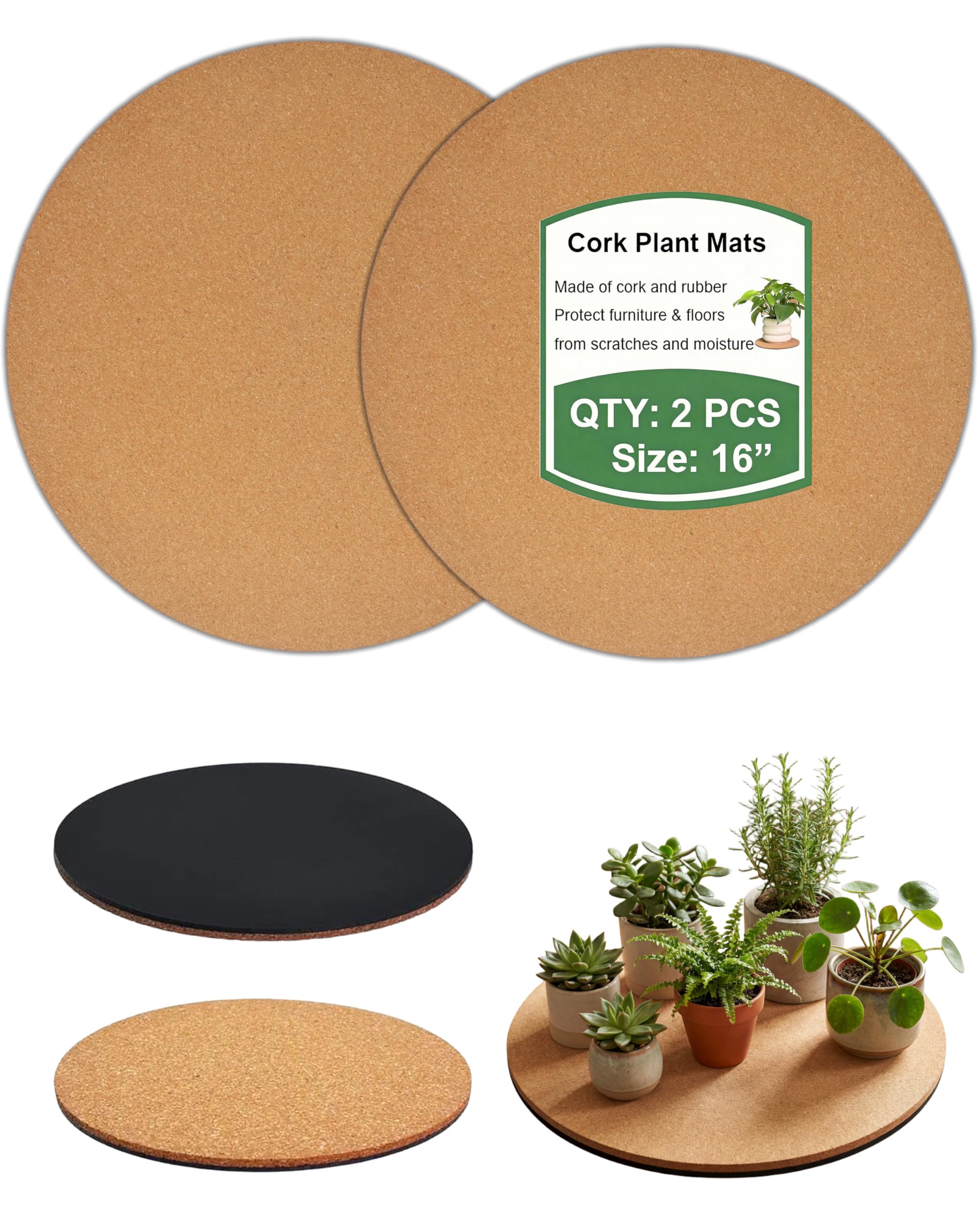 vensovo Cork Plant Coasters & Saucers 16 Inch– Absorbent Round Mats for Indoor Flower Pots, Planters, Houseplants, Surface Protector for Table & Floor, 2 Pack Image