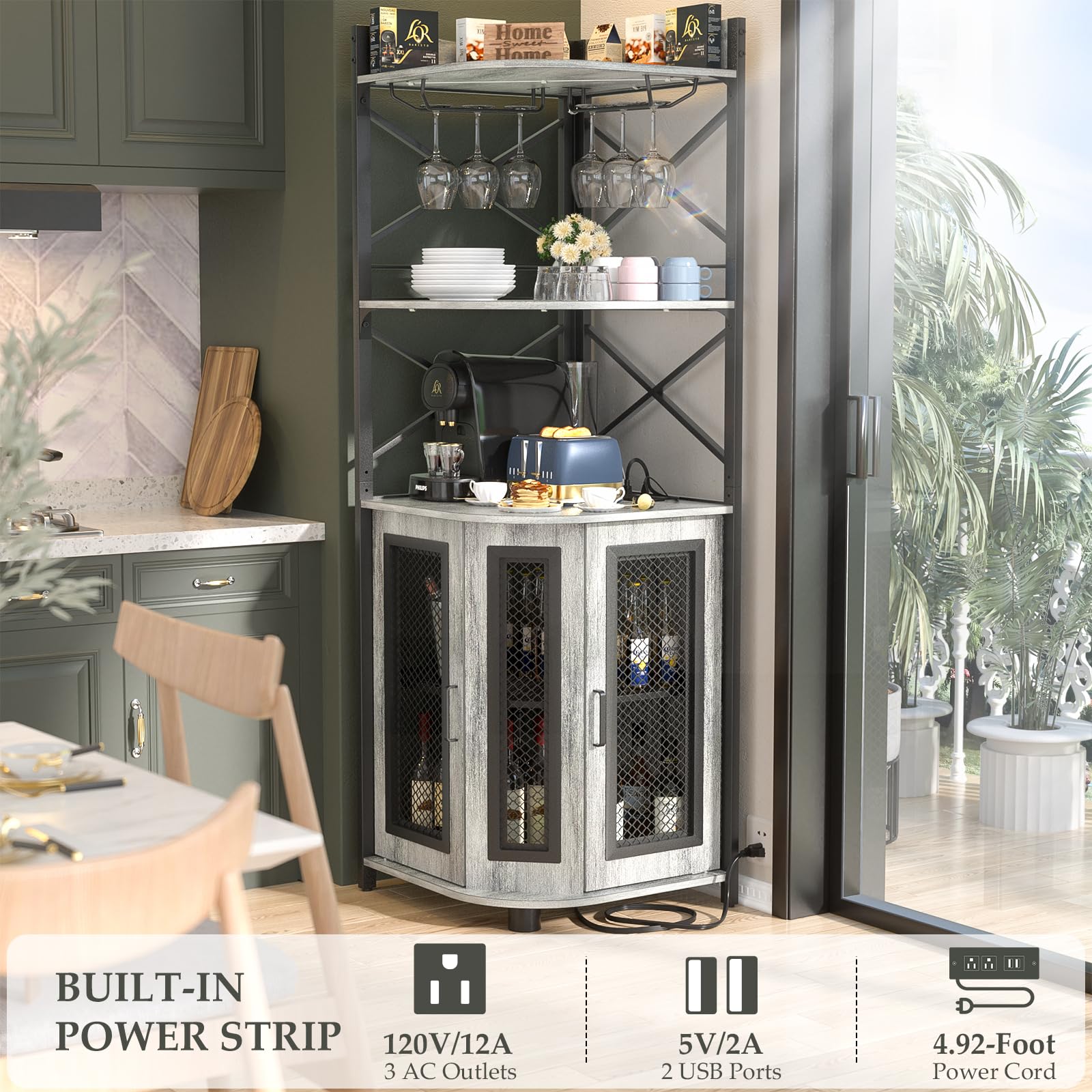 Mua Aheaplus Corner Bar Cabinet with Power Outlet, Industrial Wine ...