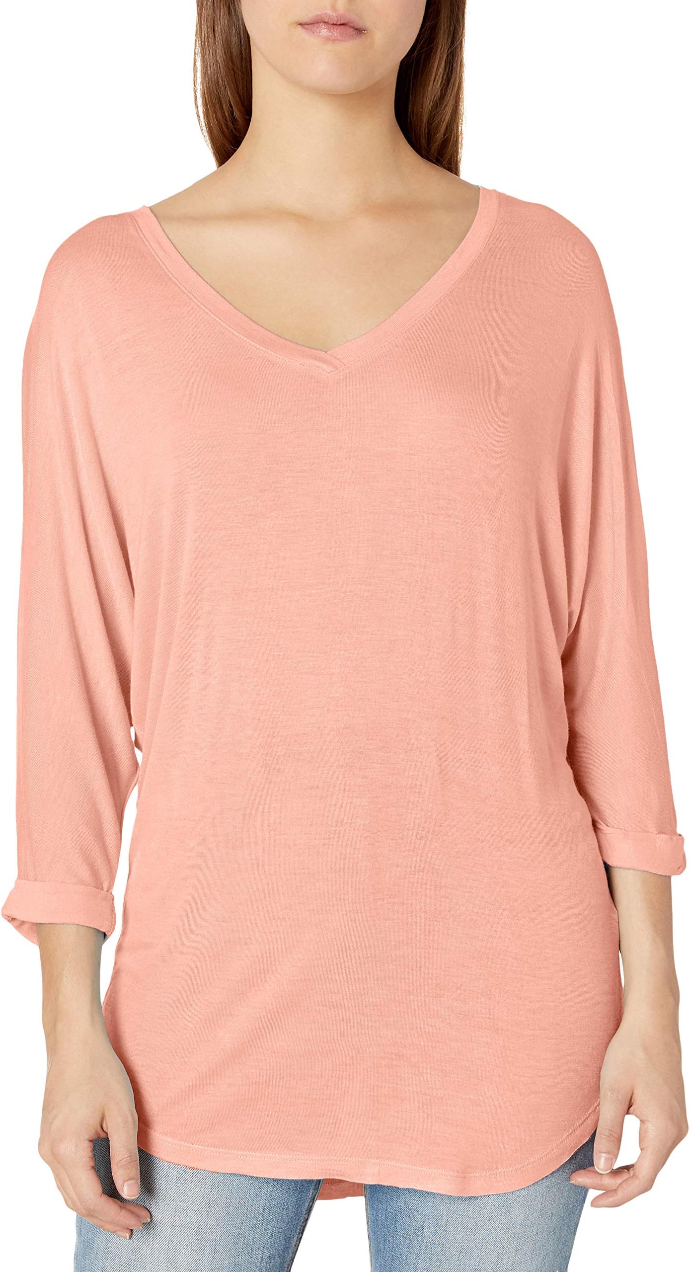 Tresics Women's Trendy Basic Junior V-Neck 3/4 Sleeve High Low Dolman Hacci Tunic