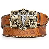 TRIWORKS Western Belt for Men Women Cowboy Leather Belt Western Buckle Cowgirl Engraved Belt