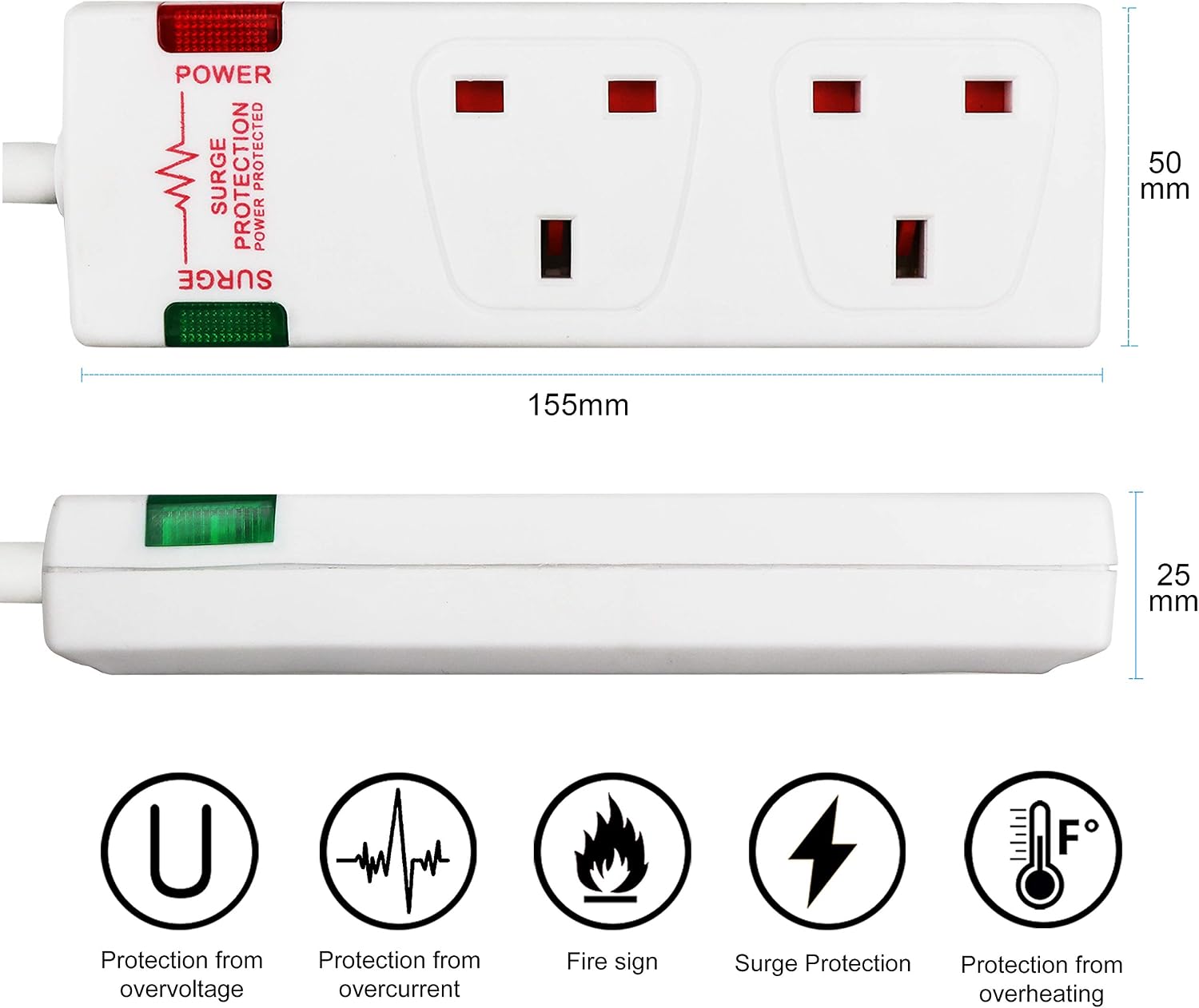 ExtraStar 2 Way Surge Protected British Approved 13A Power Mains Extension Lead (White, 5M) - Image 3