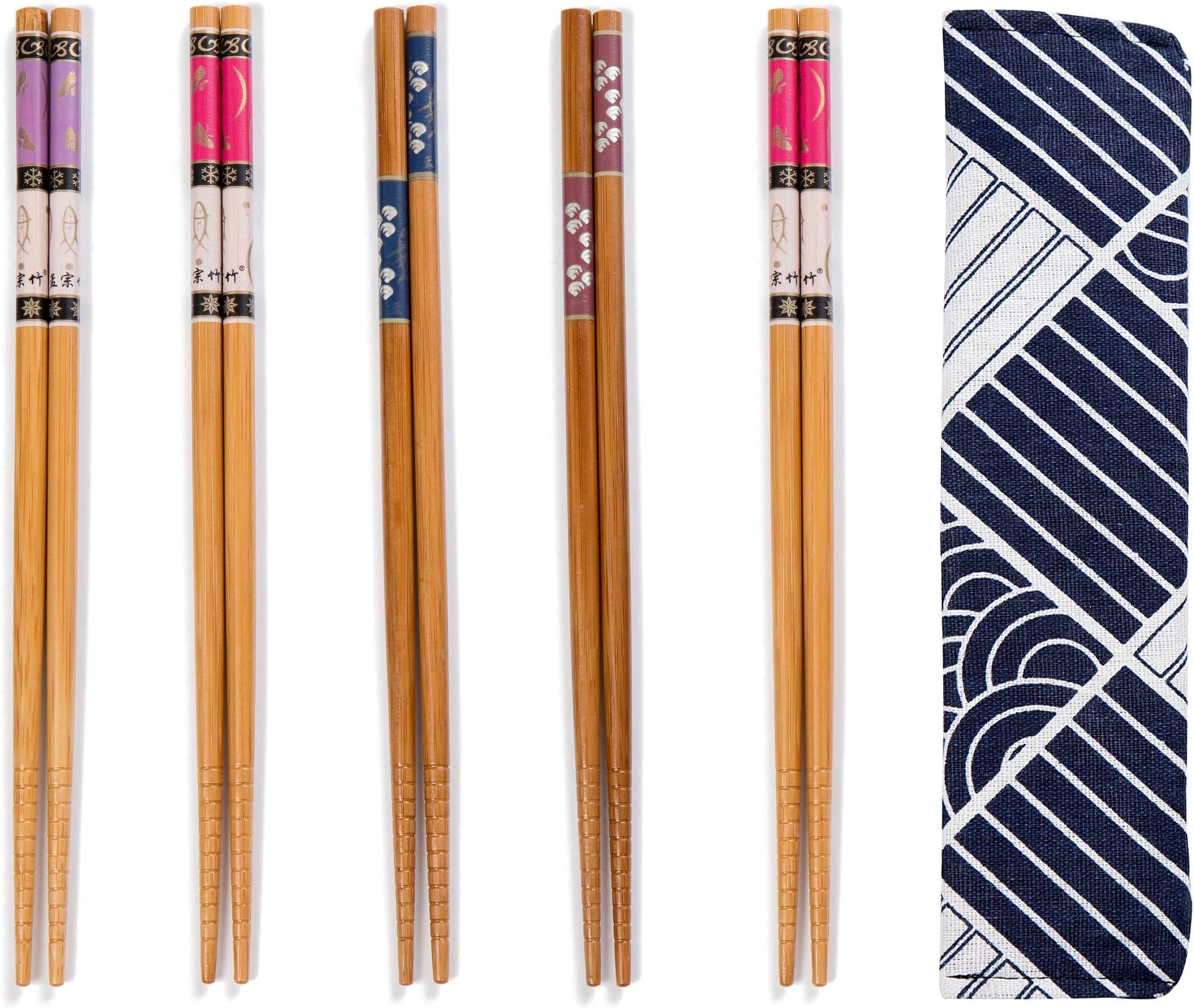 5 Pairs Chopsticks Reusable Set - Japanese Natural Bamboo Chop Stick Set with Case as Present Gift