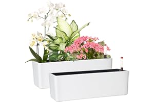 GardenBasix Elongated Self Watering Planter Pots 2-Pack Window Box 5.5 x 16 inch Indoor Home Garden Modern Decorative Planter Pot for All House Plants Flowers Herbs (White,2)