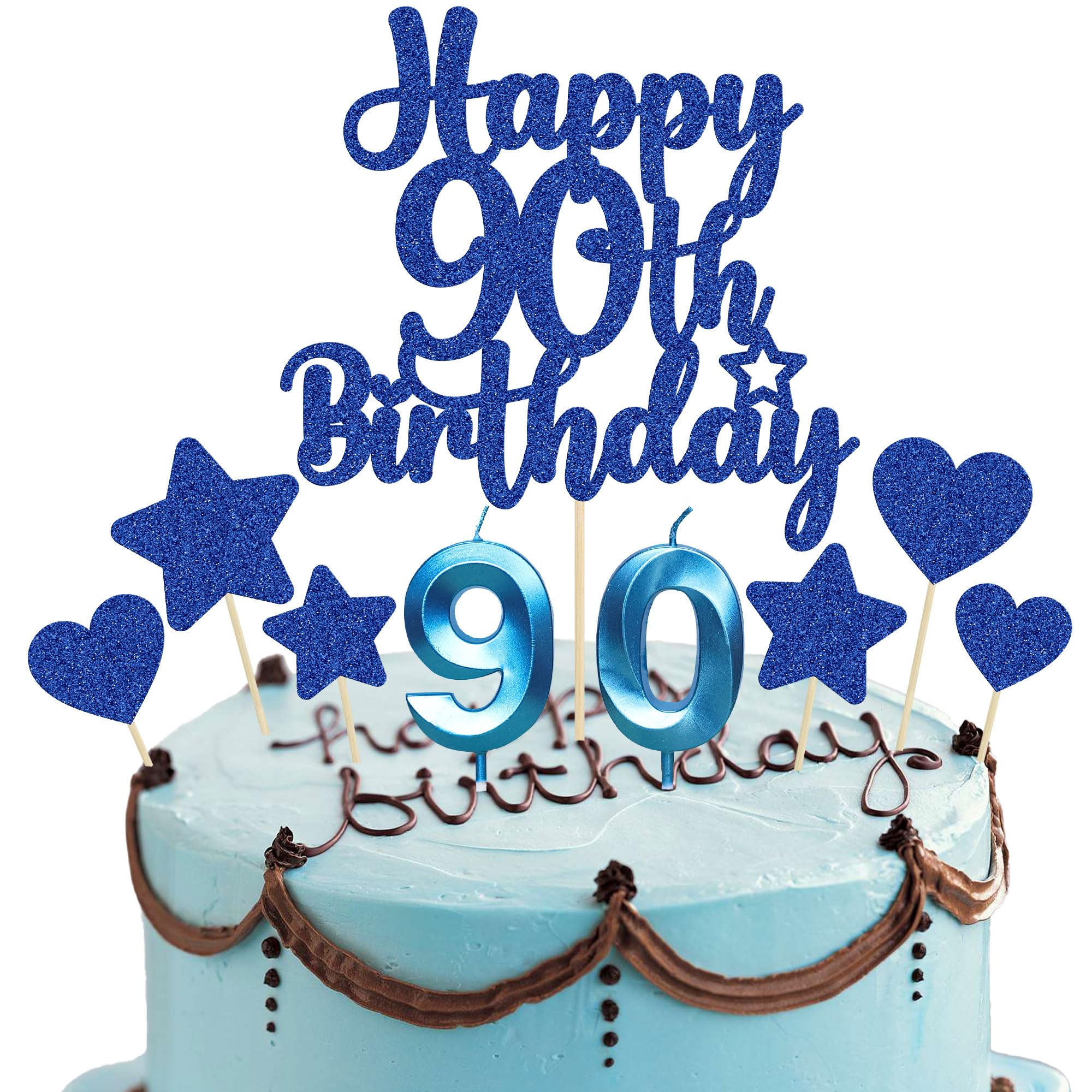Gyufise 15Pcs Happy 90th Birthday Cake Topper Set with Heart Star Glitter Cheers to 90 Years Cake Picks Number 90 Candles Cake Decorations for Happy 90th Birthday Anniversary Party Supplies Blue โ image 1