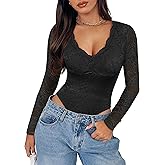 SAUNGKUAI Women's V Neck Lace Bodysuit Long Sleeve Bodysuits Double Lined Going Out Tops Y2K Trendy Thong Outfits