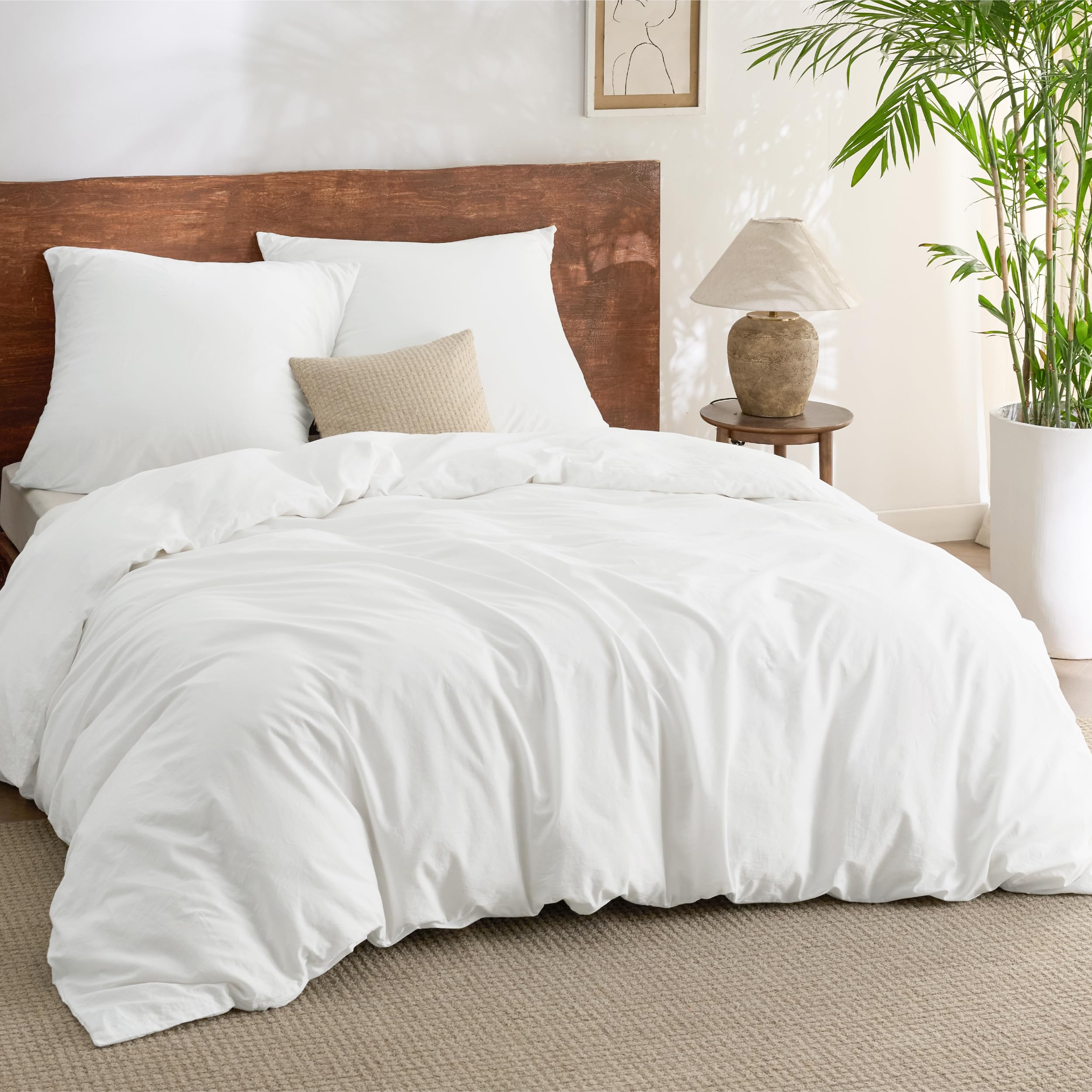 BEDSURE Bettwäsche 155x220 Baumwolle 3teilig - Bettwäsche-Sets Weiß Bettbezug mit 2 Kissenbezüge 80x80 cm, Ähnliche Textur wie Washed Leinen, Oeko-TEX Bedding Set mit Reißverschluss