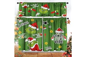 Cuteiush Christmas Valance ​Holiday Kitchen Curtain 3 Pcs Panel Set 52'' Lx18'' W and 36'' Lx26'' Wx2 Kitchen Decoration Green
