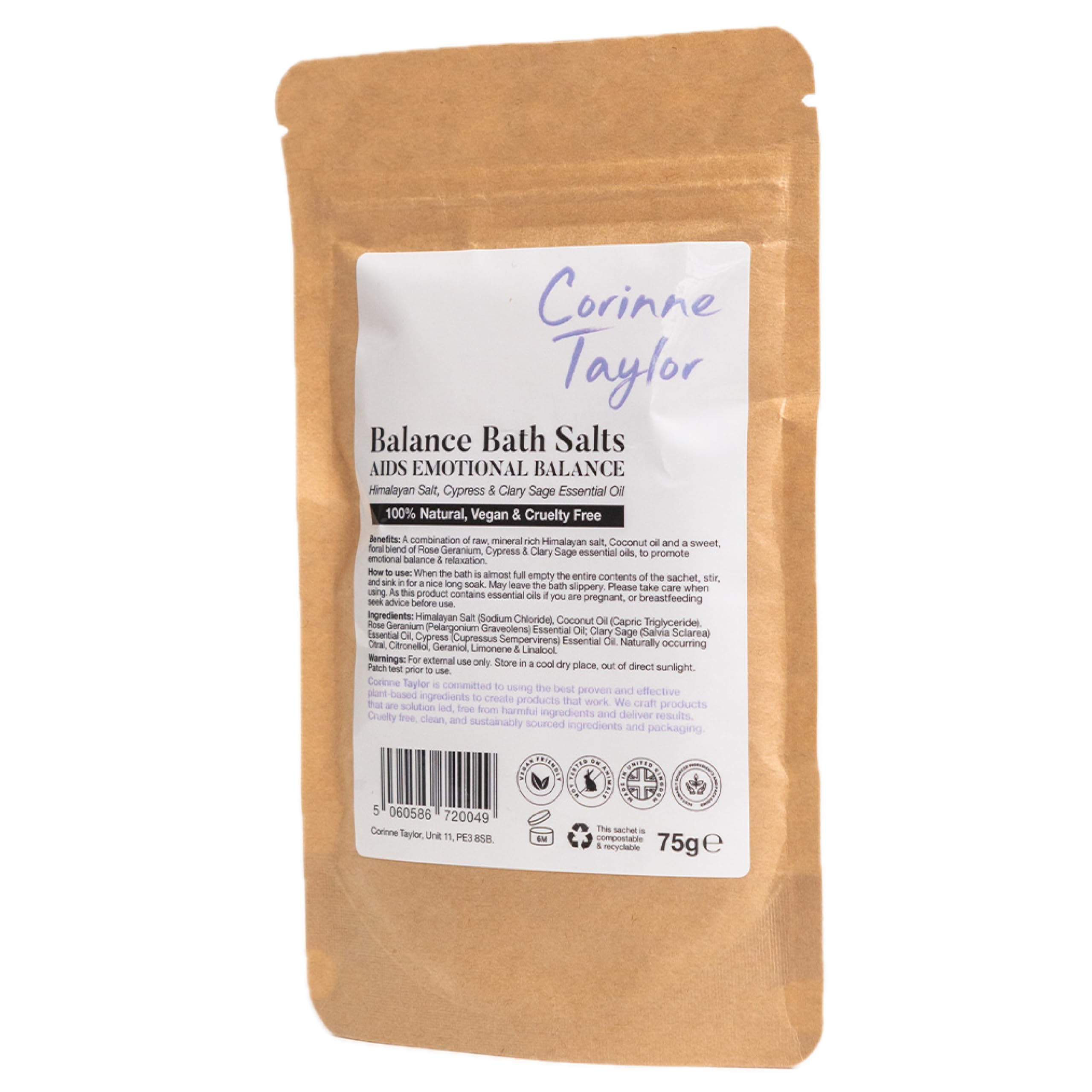 Corinne Taylor | Balance Himalayan Bath Salts | Rose Geranium, Clary Sage & Cypress | for Emotional Balance & Relaxation | Organic & Natural | 75g