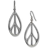 Oval Hippie Peace Sign Dangle Earrings Silver Finish Pewter