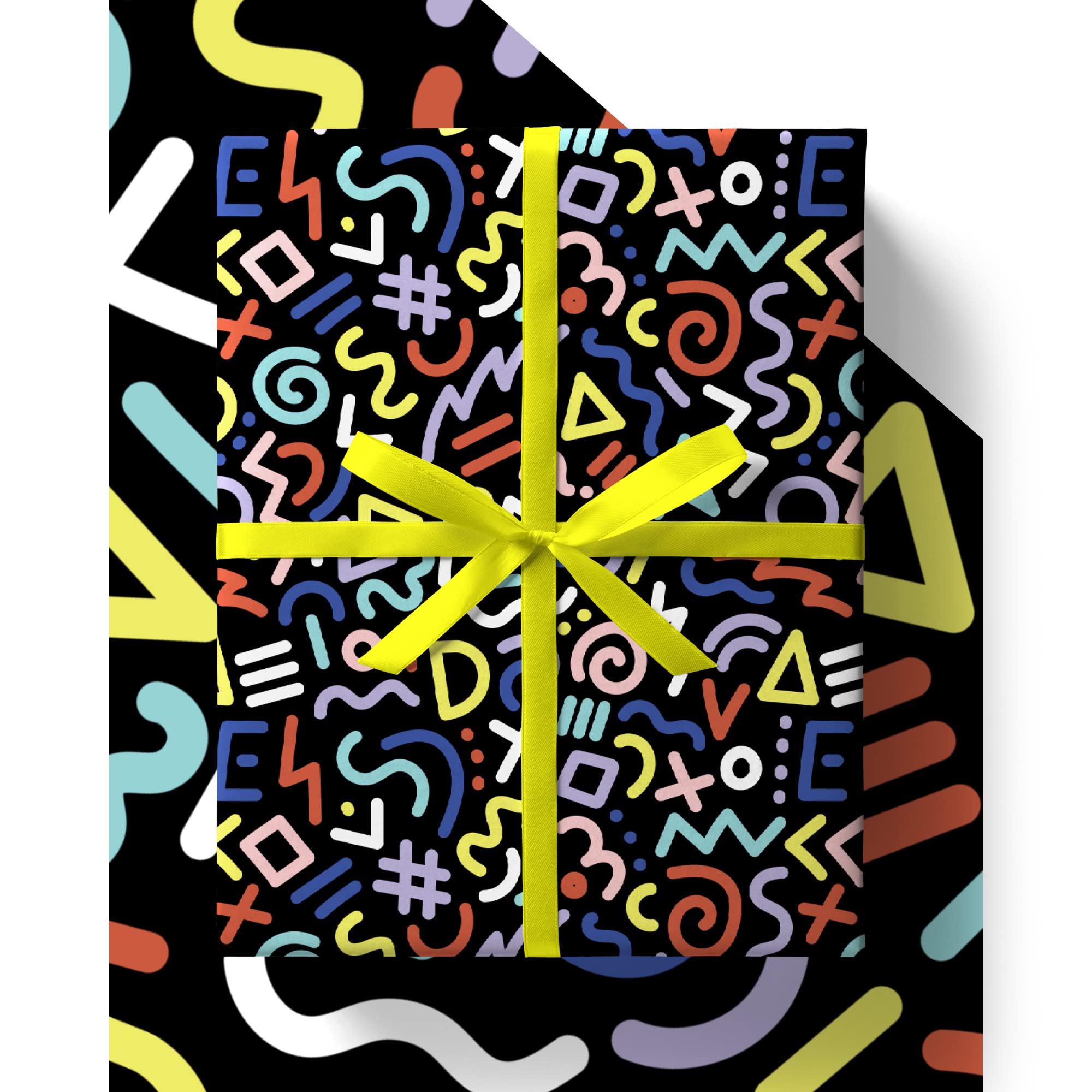 4 x Black Doodle Wrapping Paper - HUGE 43% BIGGER [84cm x 60cm] Premium Eco Birthday Gift Wrap for Boys, Girls, Kids or Adults (4 Sheets & 4 Tags)